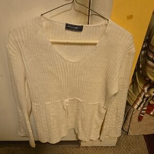 Cream Knit Sweater with V-Neck